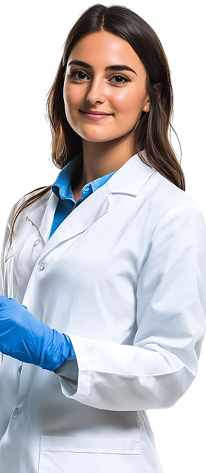 Mulher com jaleco branco, luvas de proteção e óculos, manipulando frasco de vidro âmbar com conta-gotas.